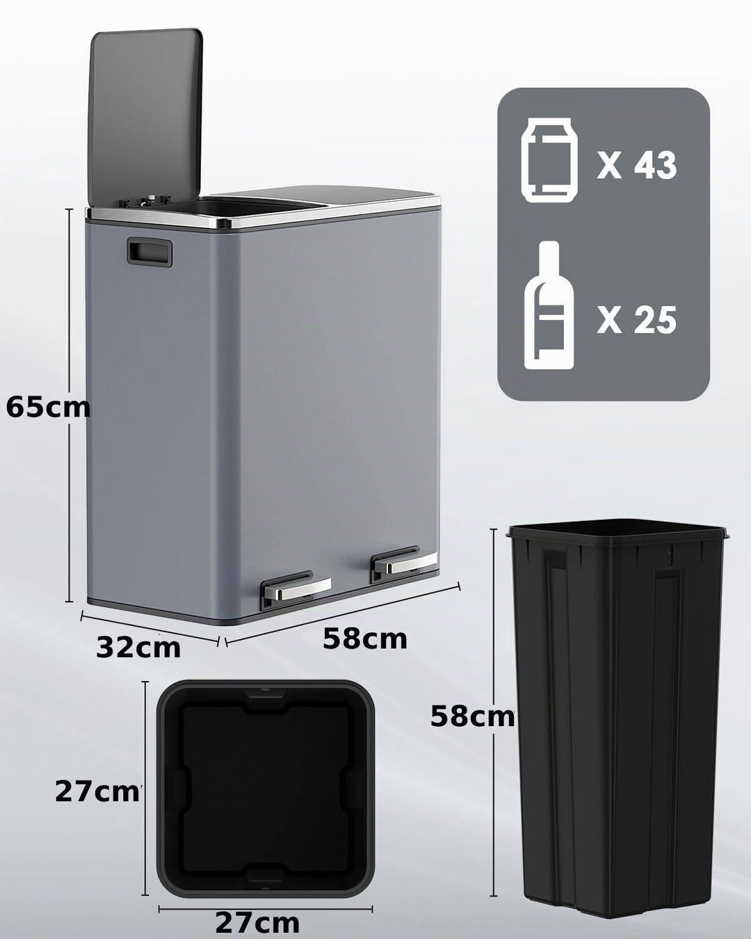 Clevich Mülleimer Küche, 2 x 30 Liter, 2 Fächer, Mülltrennsystem 60L, 2 pcs Kunststoff Inneneimer, S