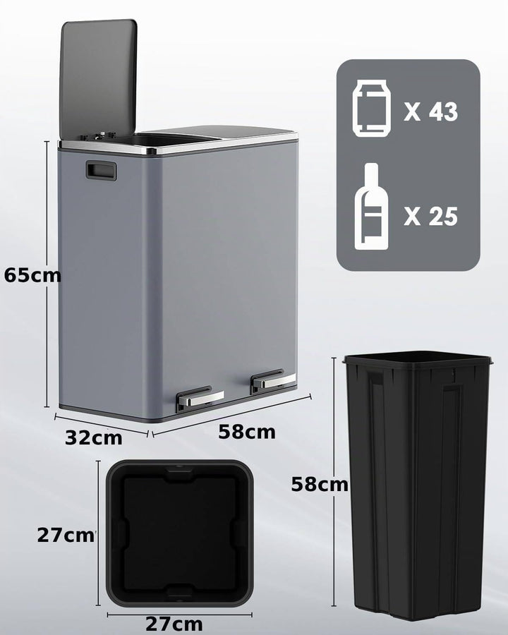 Clevich Mülleimer Küche, 2 x 30 Liter, 2 Fächer, Mülltrennsystem 60L, 2 pcs Kunststoff Inneneimer, S