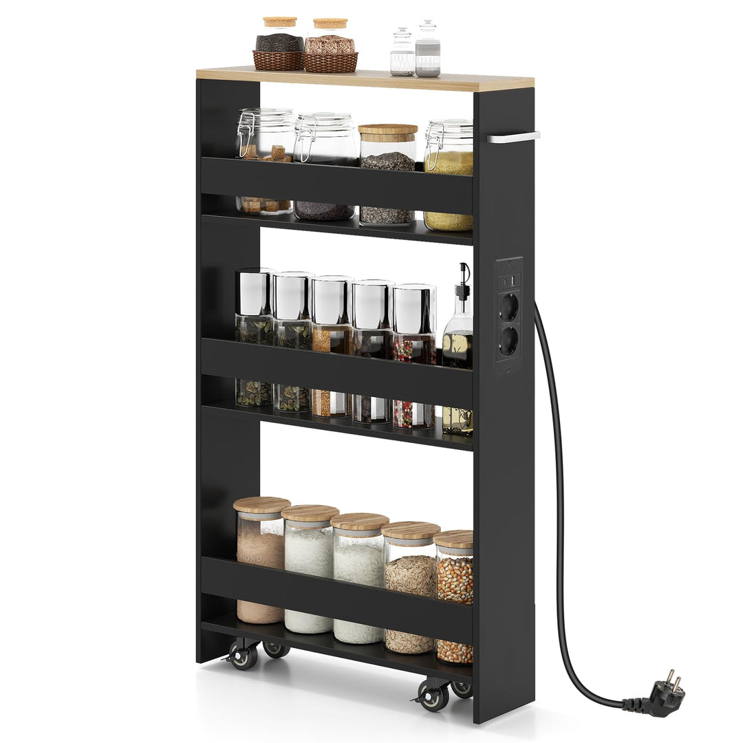 GIANTEX Nischenregal 13cm breit, Nischenschrank Nischenwagen mit Ladestation, Küchenregal auf Rollen