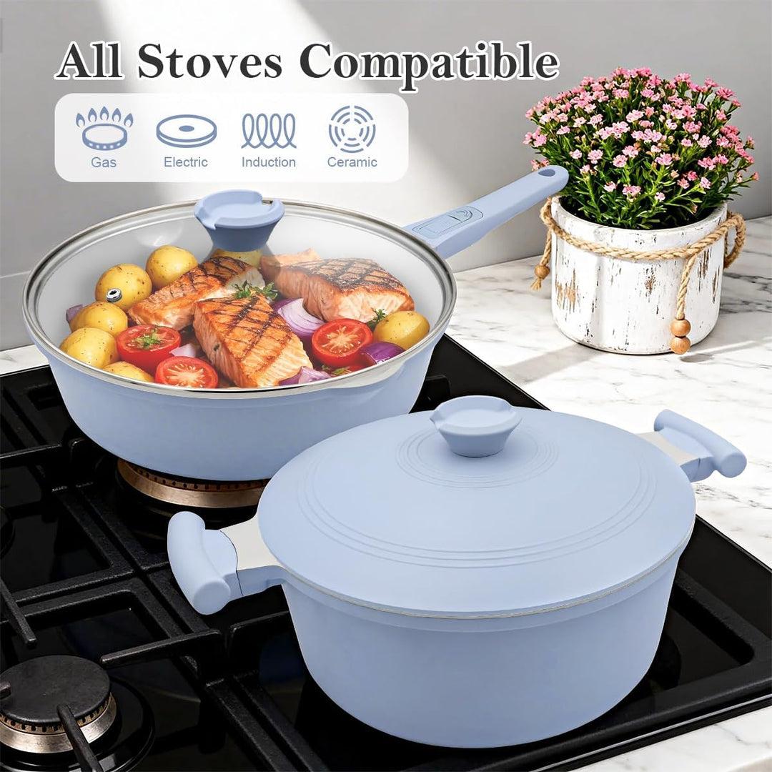 AIKENBBKK Antihaft Topf und Pfannenset, Keramik-Kochgeschirrset Pfanne 28cm mit abnehmbarem Griff, D