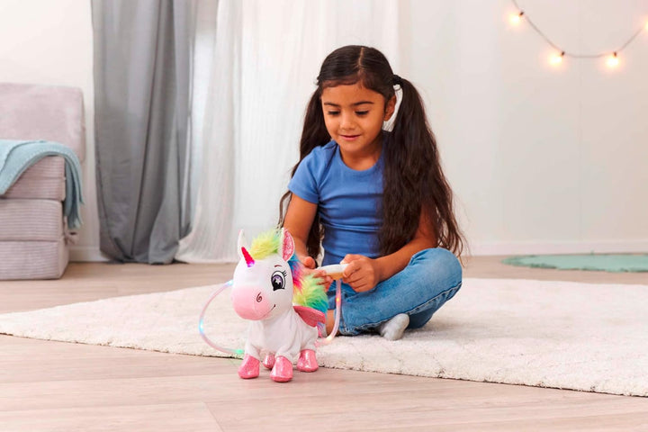 Simba PetZoo Rainbow Unicorn, Spielzeug Haustier, mit Regenbogen-LED Kabelsteuerung, Sounds, läuft,