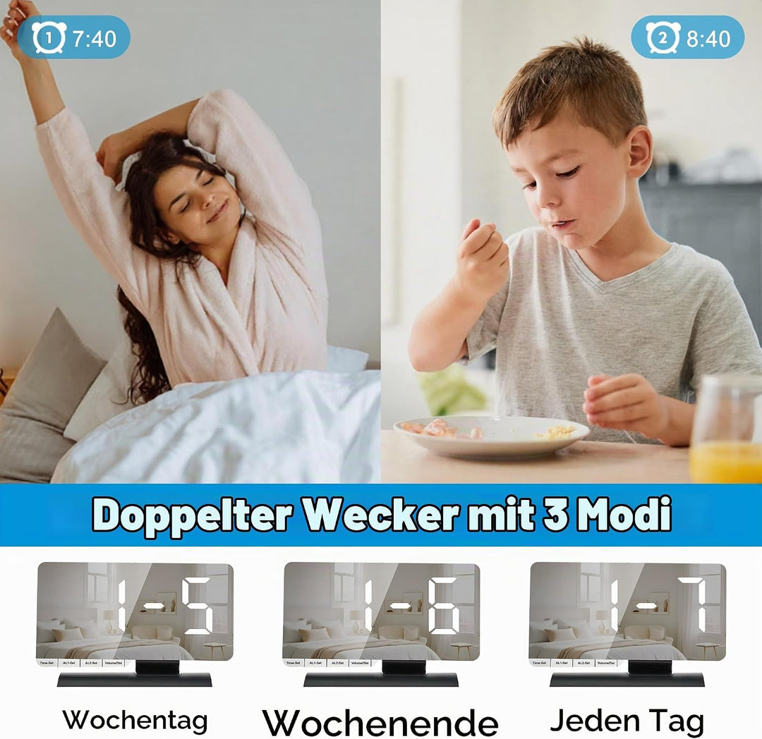 Sukeen Wecker Digital, LED Digital Uhr, 7,3" Tischuhr mit Schlummerfunktion, Zwei Weckzeiten, Wochen