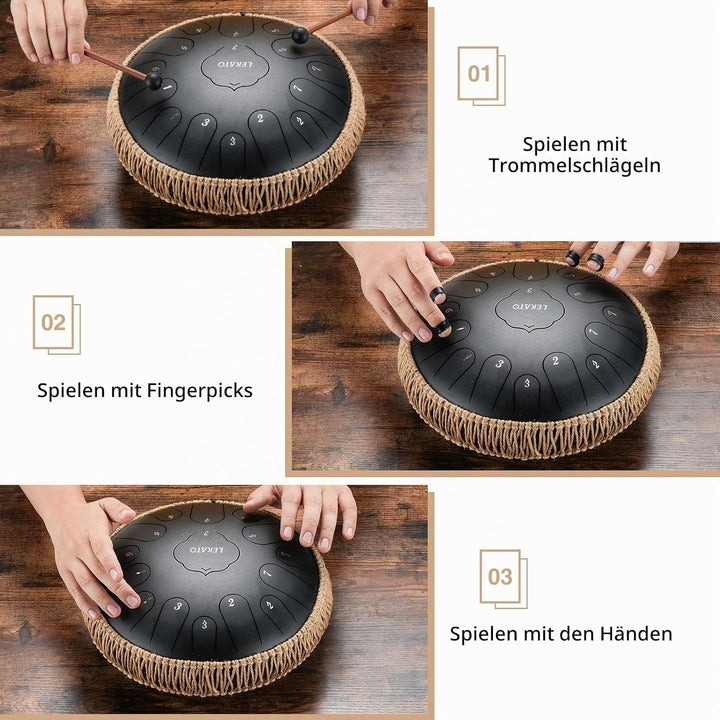 LEKATO Tongue Drum 13 Zoll 15 Noten, Anfänger/Professional Zungentrommel Schlagzeug mit Tragetasche,