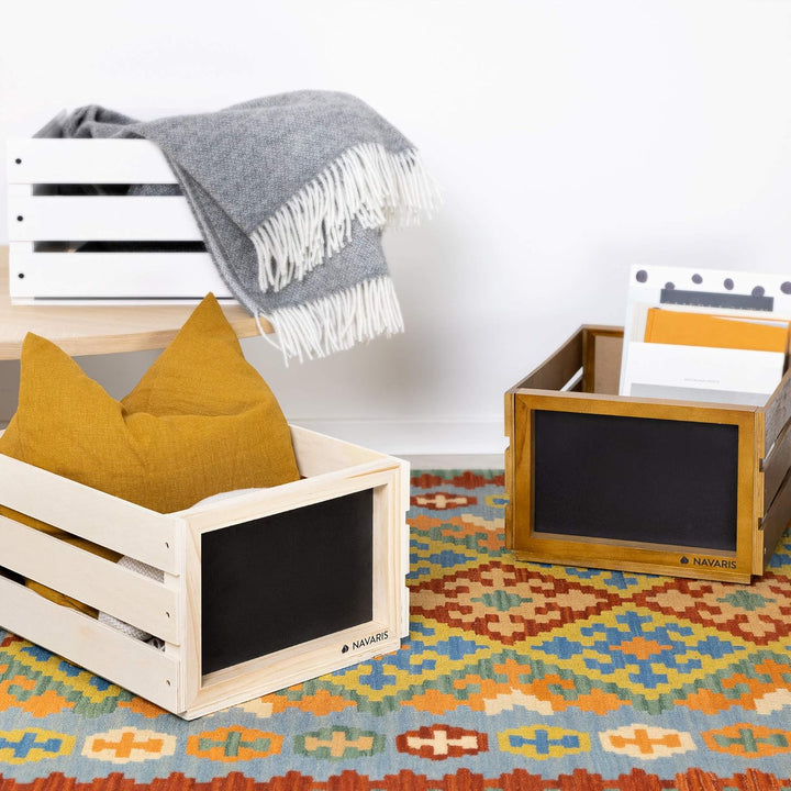 Navaris Holz Schallplatten Kiste mit Kreidetafel - 42,9 x 34,4 x 22,9 cm - für bis zu 80 LP Platten