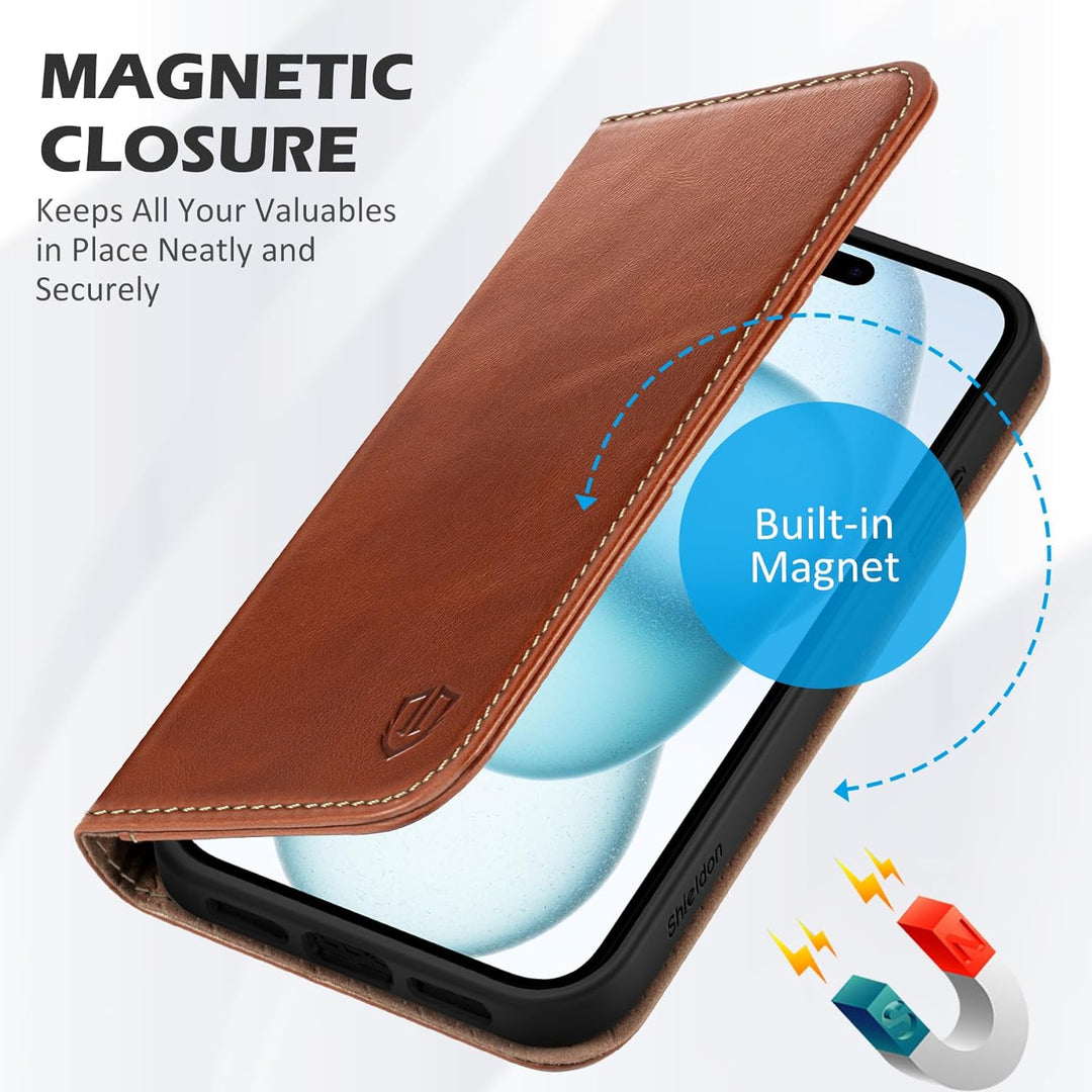 SHIELDON Hülle für iPhone 15 Plus, Handyhülle [Echtleder] [Kartenfach] [Magnet] [Standfunktion] [RFI