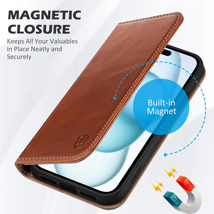SHIELDON Hülle für iPhone 15 Plus, Handyhülle [Echtleder] [Kartenfach] [Magnet] [Standfunktion] [RFI