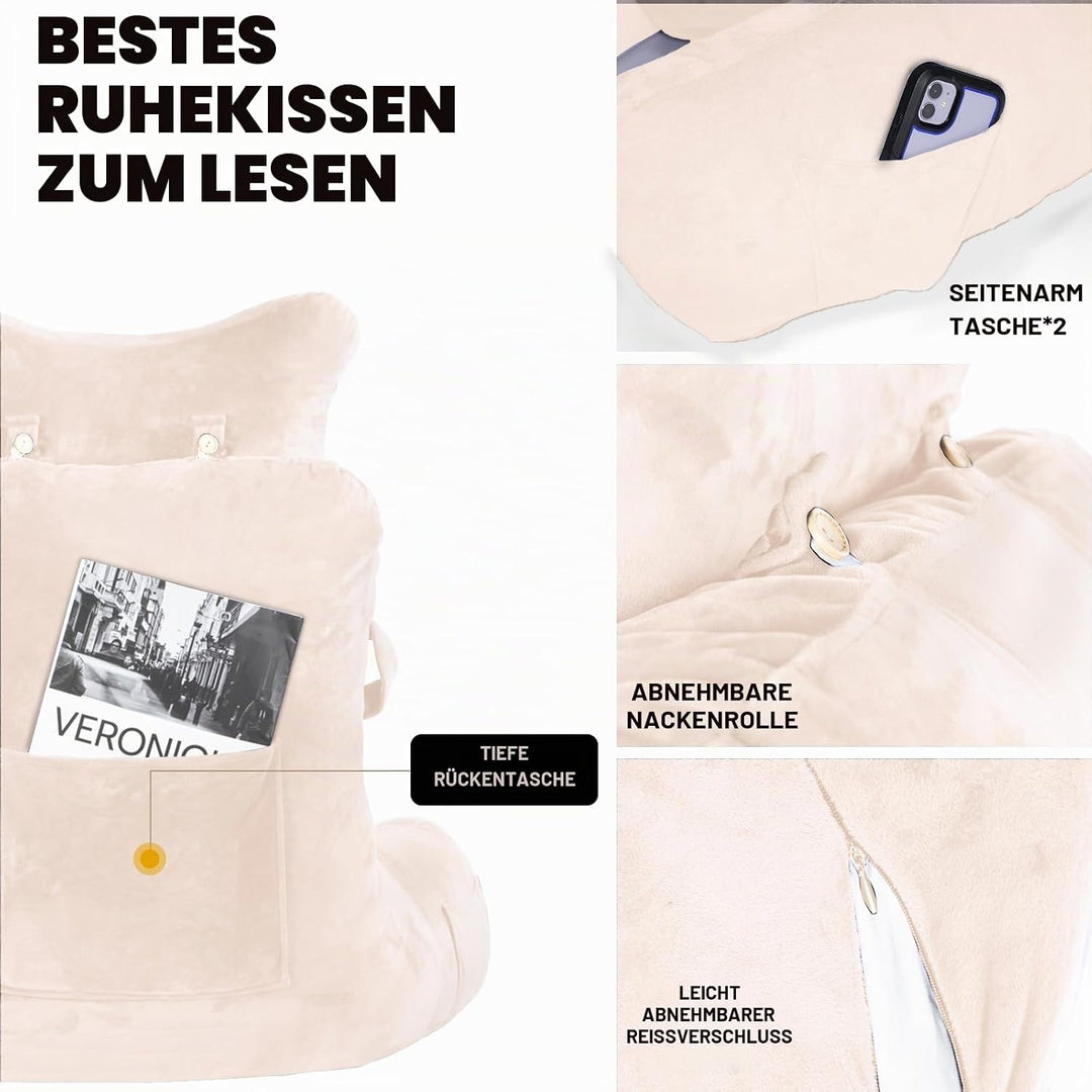 SLIGUY Lesekissen, Extra gross 78,7 cm,Bettruhekissen mit Abnehmbarer Nackenrolle und Armen zum Sitz