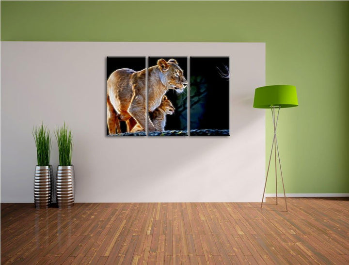 Dark Löwenmutter mit Jungtier Spezial 3-Teiler Leinwandbild 120x80 Bild auf Leinwand, XXL riesige Bi