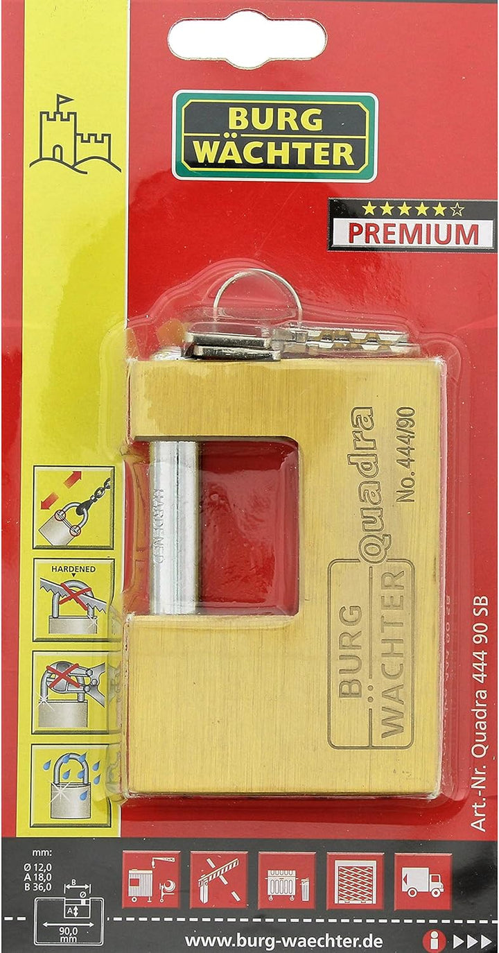 Burg Wächter Vorhängeschloss, Quadro 444 90 SB, Inkl. 2 Schlüssel, Bügelstärke: 12 mm Messing