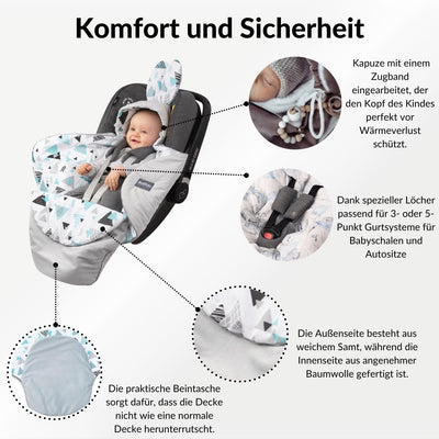 Premium Einschlagdecke Babyschale, Baby Erstausstattung aus Baumwolle für Autositz, Kuscheldecke für