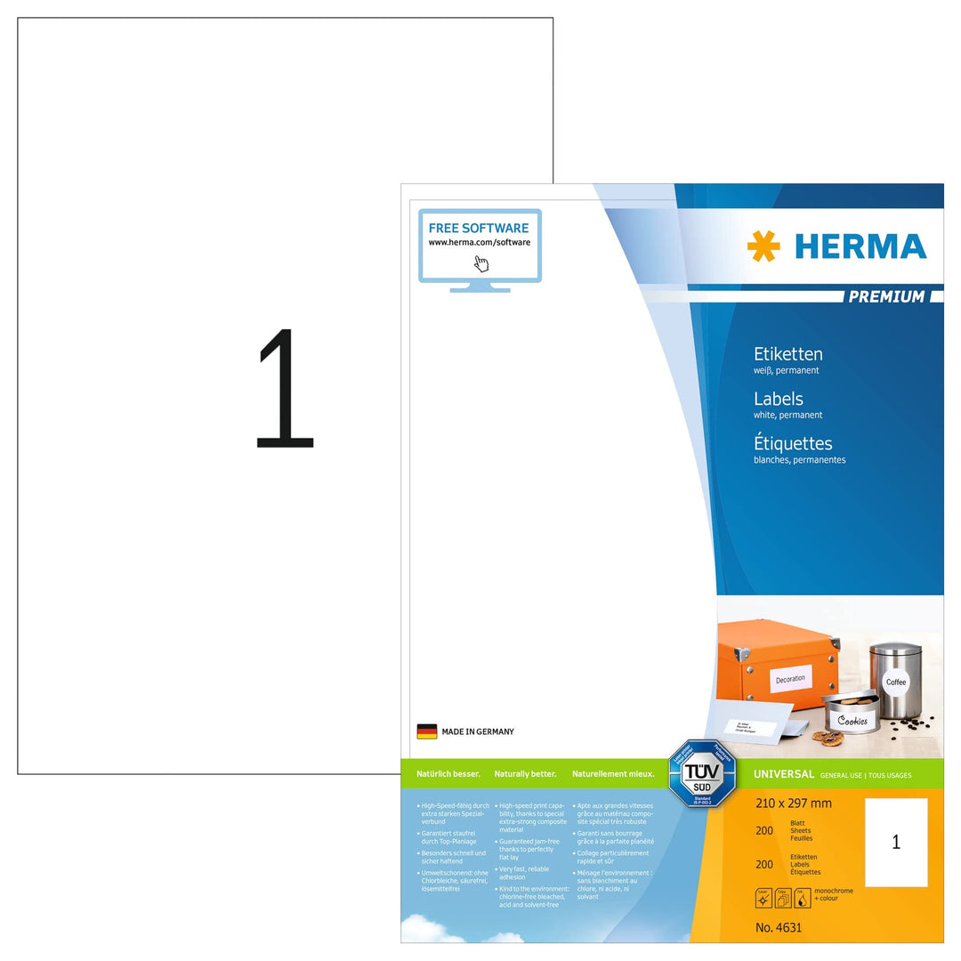 HERMA 4631 Universal Etiketten, 200 Blatt, 210 x 297 mm, 1 Stück pro A4 Bogen, 200 Aufkleber, selbst