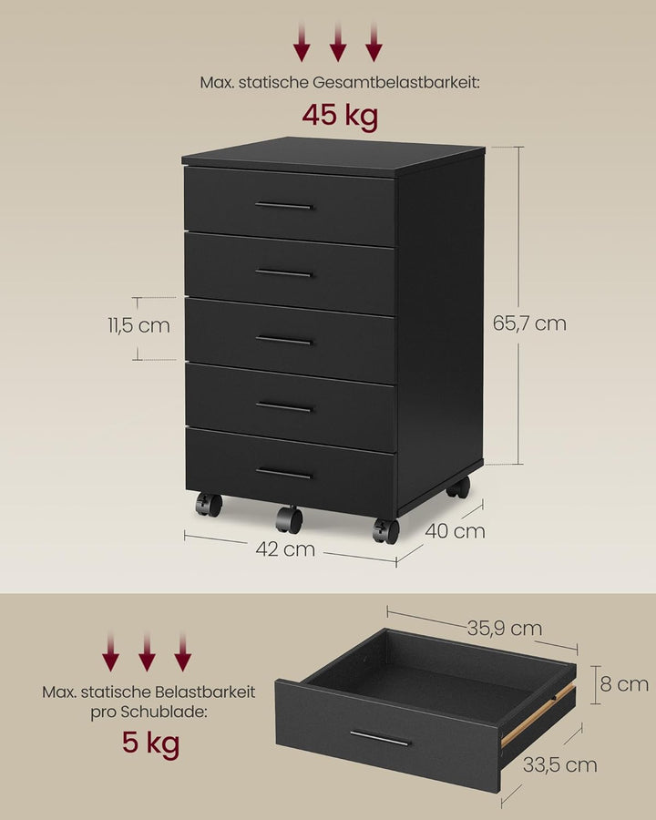VASAGLE Rollcontainer, mobiler Aktenschrank, Schubladenschrank, Druckerständer mit 5 Schubladen, mit