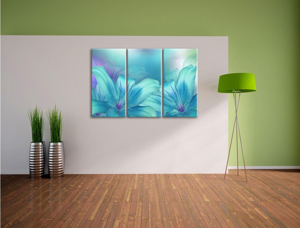 Pixxprint türkise Lilien als Leinwandbild | Grösse: 3 Teilig (120x80) | Wandbild| Kunstdruck | ferti