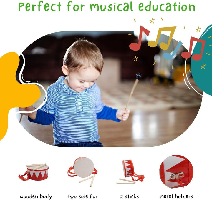 Trommel für Kinder rot-Weiss Musikinstrument aus Holz mit Trageriemen und Sticks D: 20 cm- 3845r