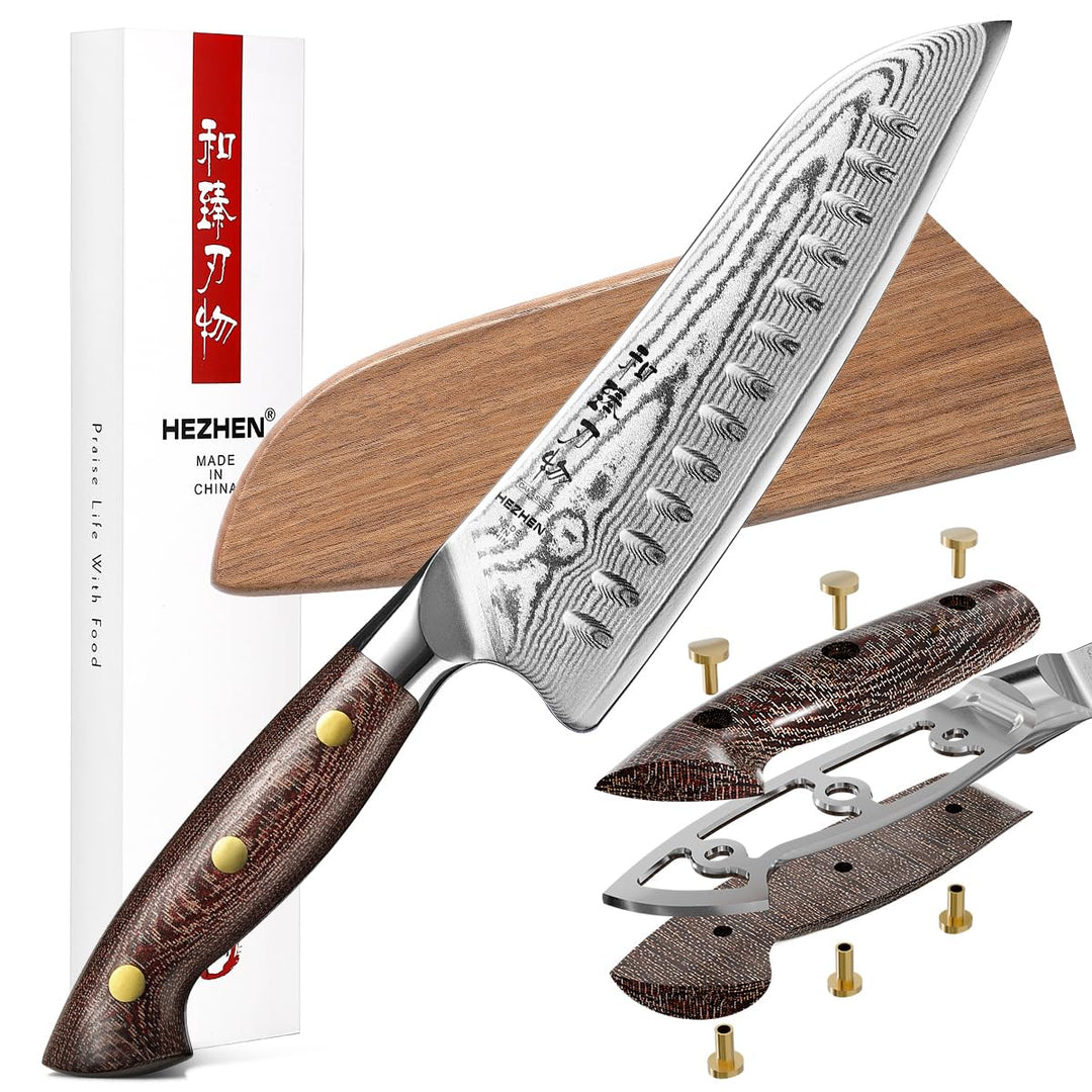 HEZHEN Santokumesser im Japanischen Stil，Echter Damaststahl Kochmesser mit Holzmesserscheide, Chines