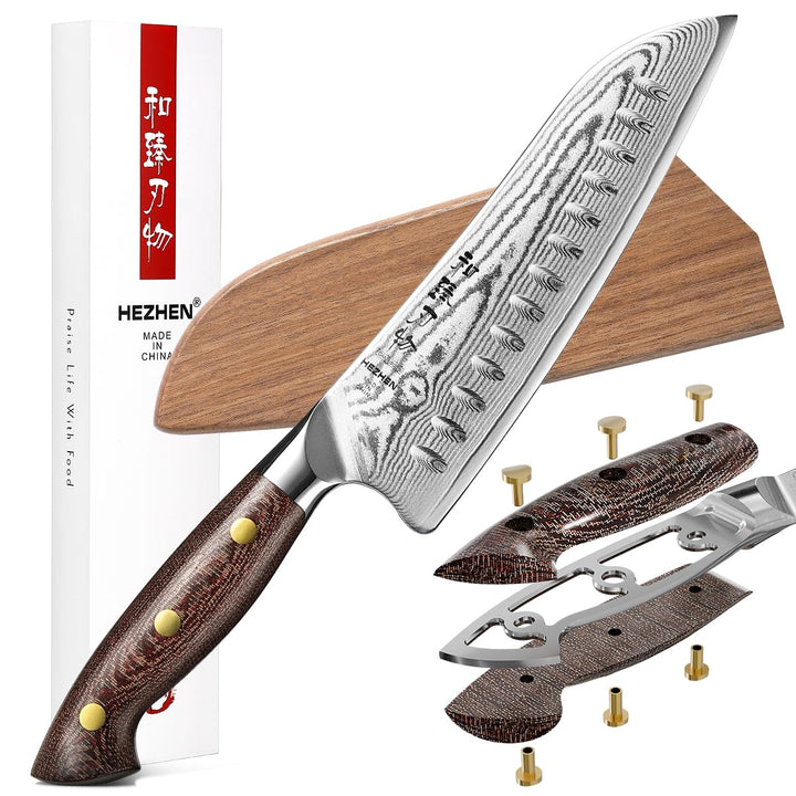 HEZHEN Santokumesser im Japanischen Stil，Echter Damaststahl Kochmesser mit Holzmesserscheide, Chines