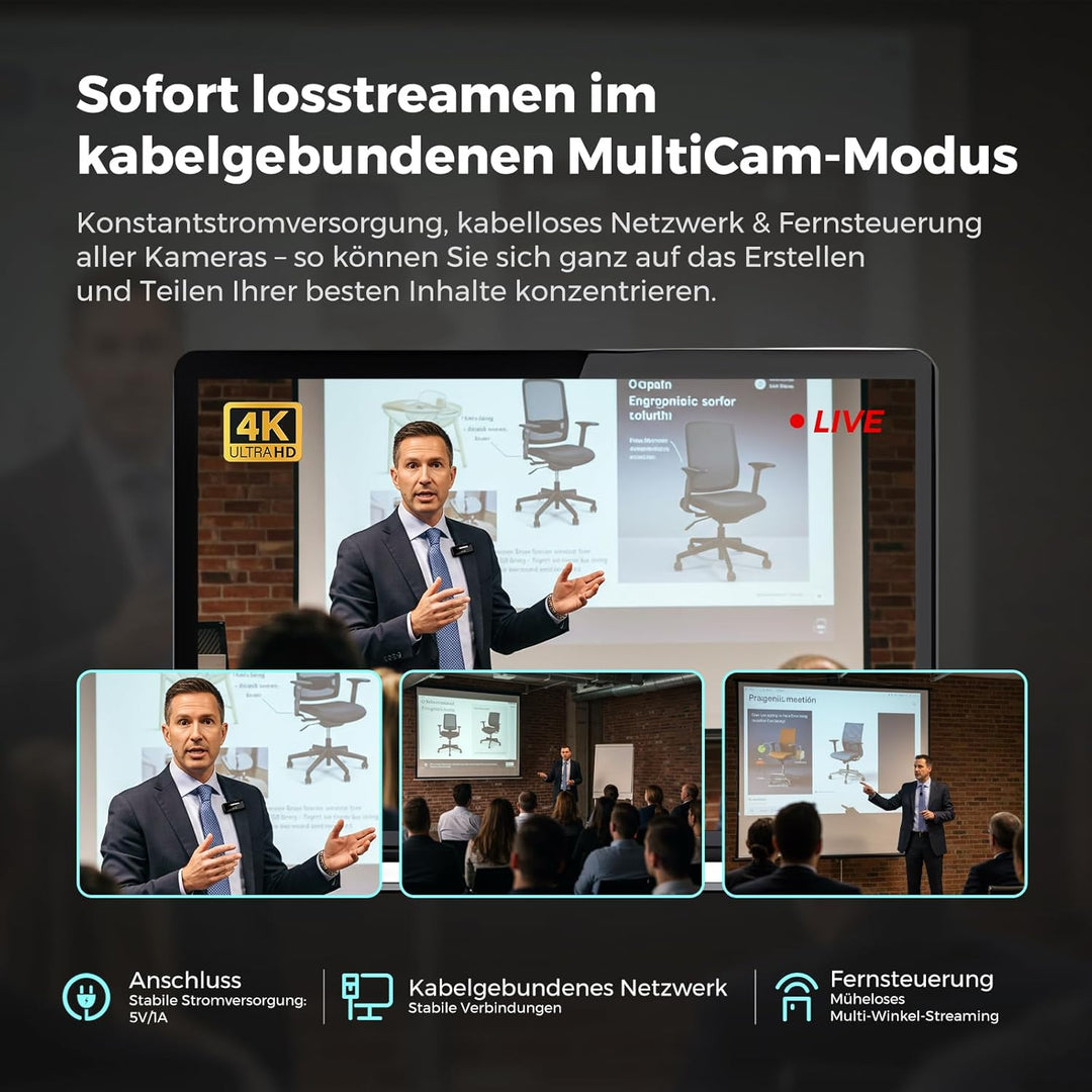 NearStream 4K-Webcam für Streaming, 1/2,8 Zoll CMOS-Sensor mit 8 Megapixeln, 40-facher Hybrid-Zoom,