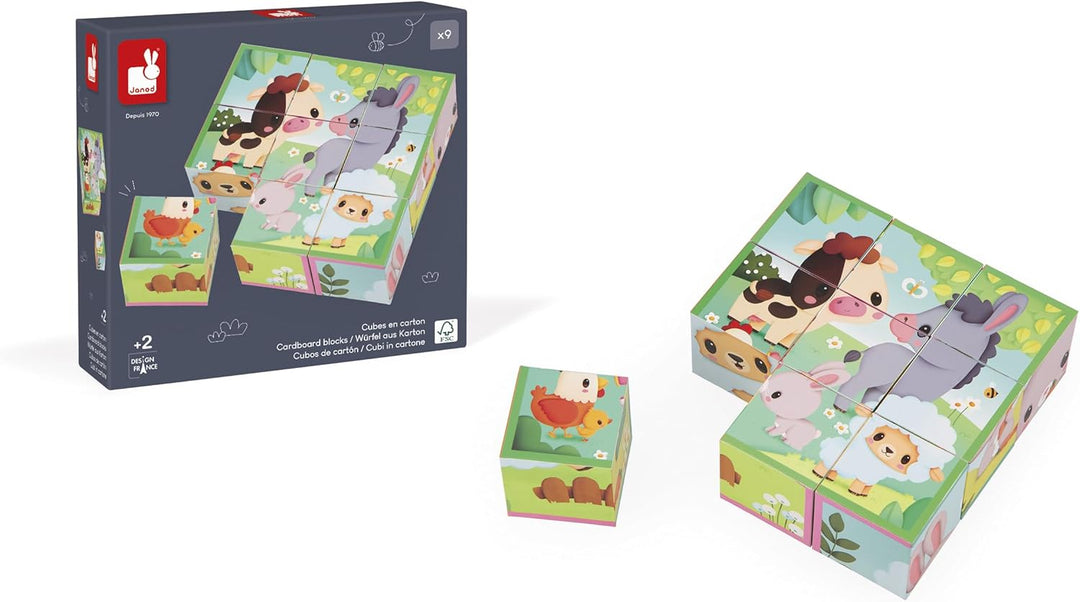 Janod - Würfelpuzzle für Kinder und Babys aus Karton - Thema Bauernhof - 9 Würfel und 6 mögliche Puz