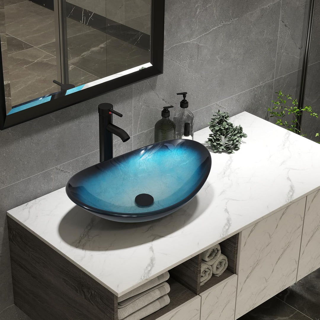 ARTETHYS Waschbecken Glas Aufsatzwaschbecken mit Wasserhahn Ablaufgarnitur, Oval Waschschale Waschti
