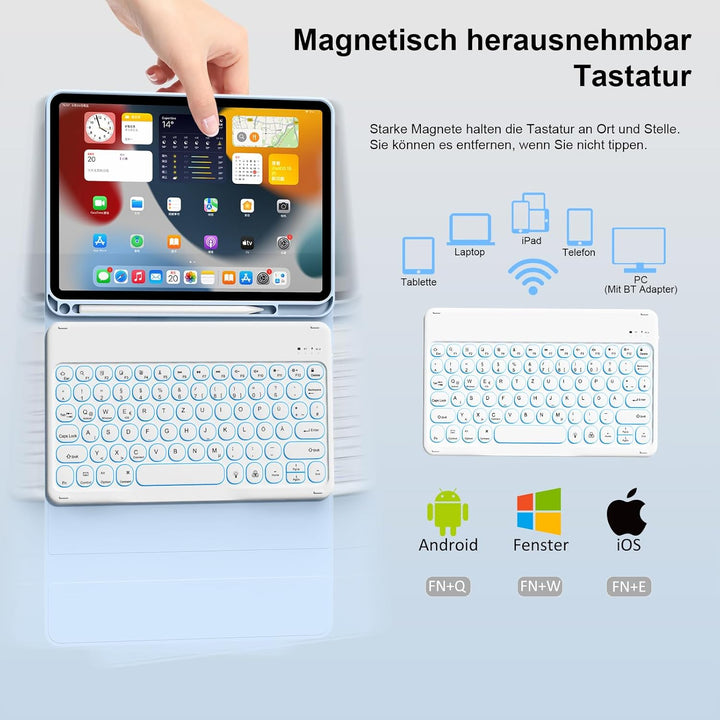 Hülle mit Tastatur für iPad 11 Generation A16/10 Generation (11/10.9 Zoll,2025/2022),7-farbige Beleu