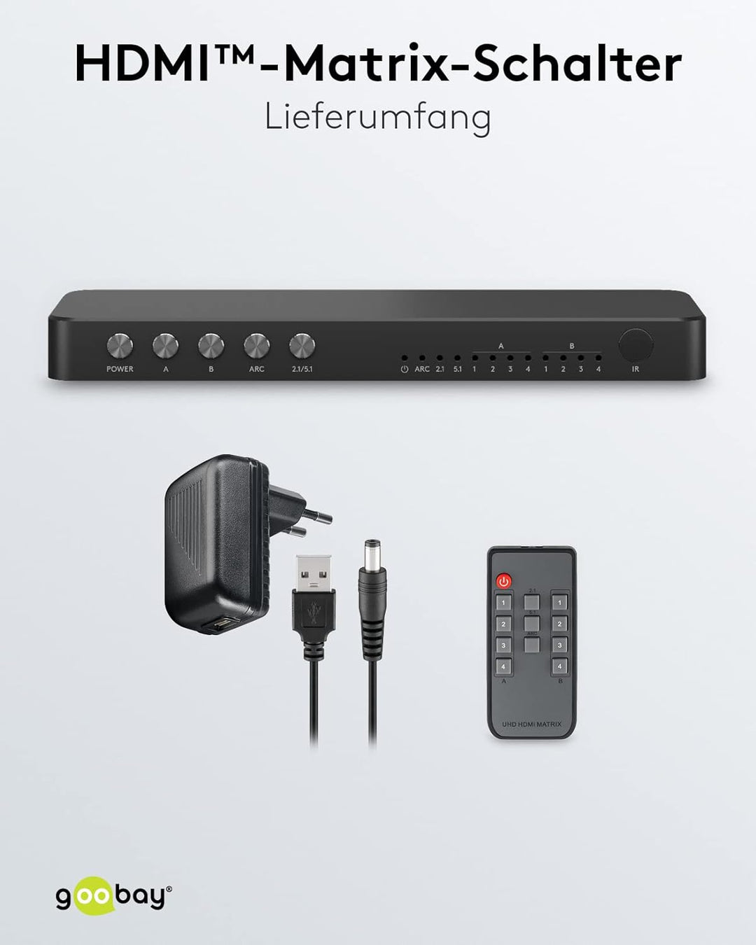 goobay 58479 HDMI Matrix Schalter 4 auf 2 / Matrix Switch Splitter 4k @ 60Hz / Mit Fernbedienung für