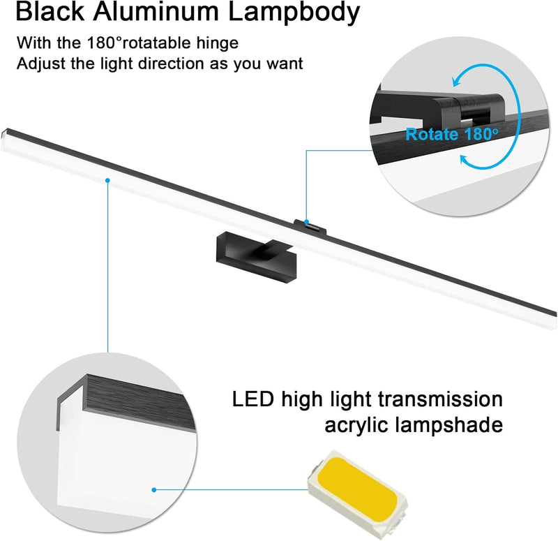 Klighten Led Spiegelleuchte Badezimmer 32W 1820LM Kaltes Weiss 6000K, 180° Rotation, IP44 Wasserdich