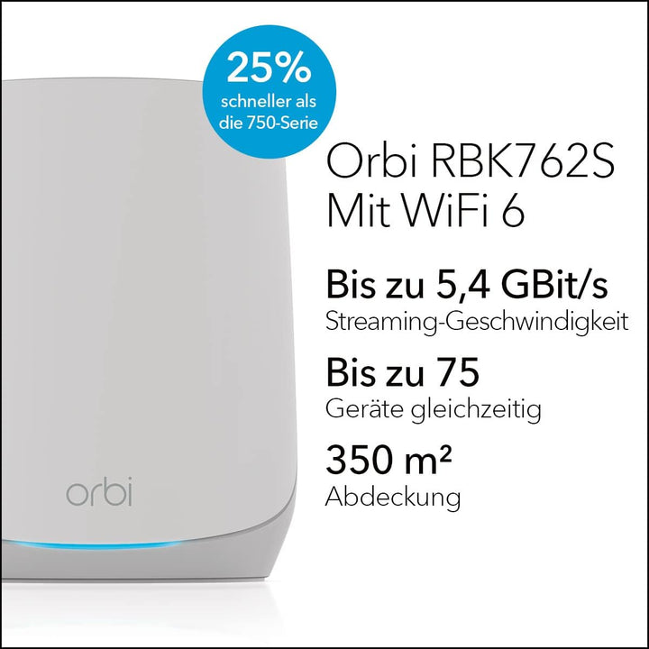 NETGEAR Orbi RBK762S WiFi 6 Mesh WLAN System (5.400 MBit/s Geschwindigkeit, TriBand WiFi 6 Router +