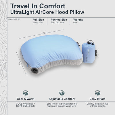 COCOON Air-Core Hood Camp Pillow - aufblasbares Camping- und Reisekissen, Farbe:light blue - hellbla