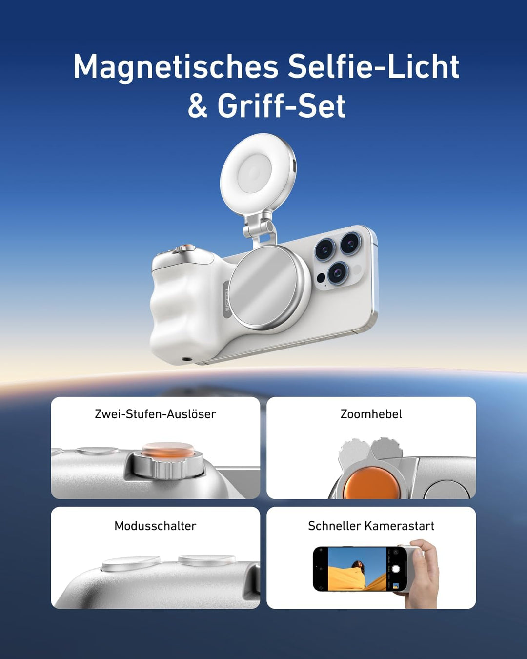 TELESIN Fun Shot Smartphone Handle Grip + TELESIN C03 Magnetische Selfie-Licht (Silber) Set, Kompati