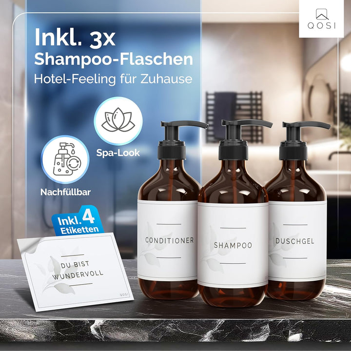QOSI Duschablage zum Hängen als Set Inkl. 3x Shampoo Flaschen Seifenspender | Duschregal mit 2 Dusch