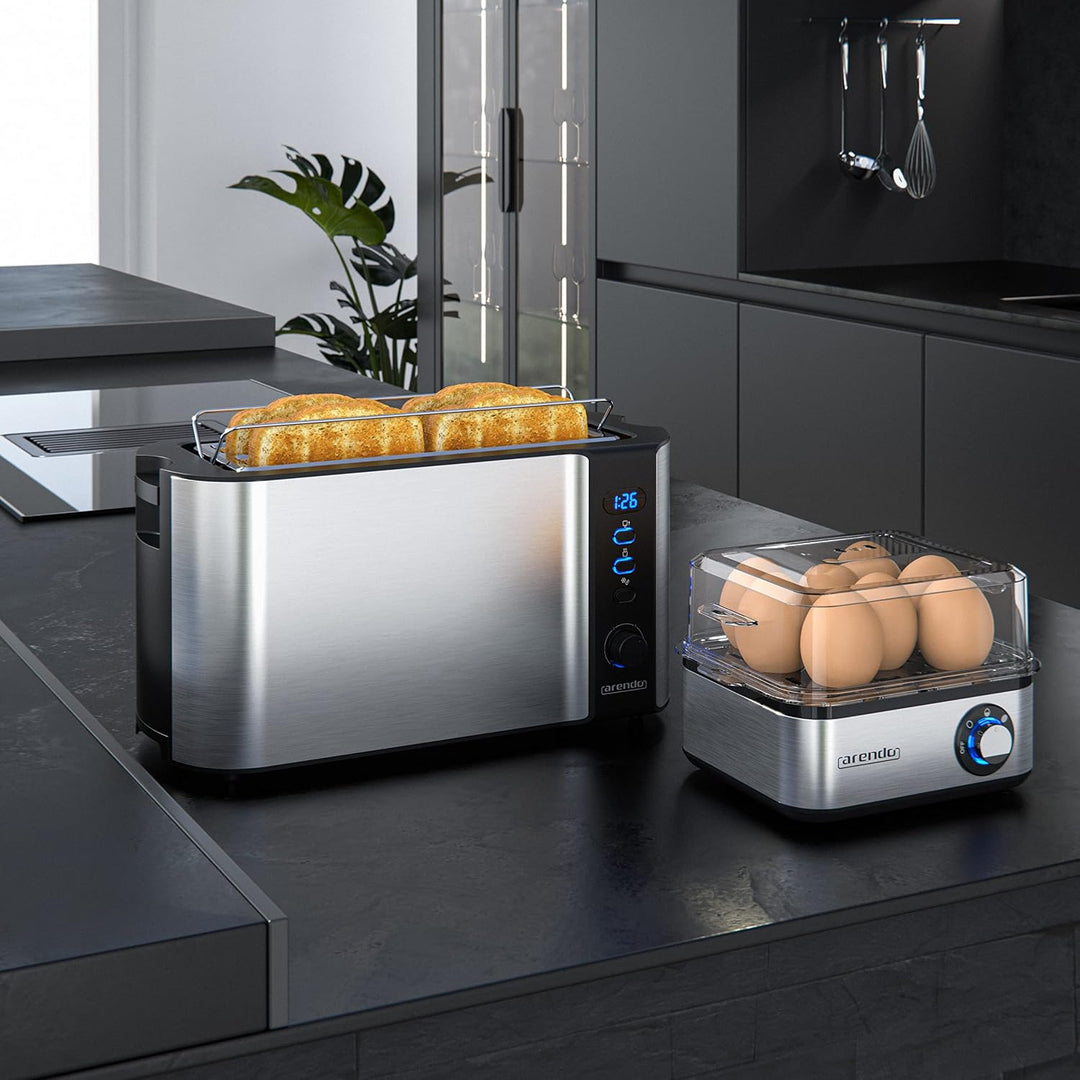Arendo SET Toaster FRUKOST mit Eierkocher EIGHTCOOK Edelstahl Silber Toaster 4 Scheiben LED-Display