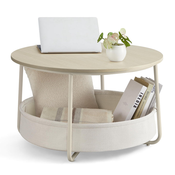 VASAGLE Couchtisch rund, Tisch mit Stauraum, Beistelltisch, Wohnzimmertisch mit Korb aus Stoff, mode