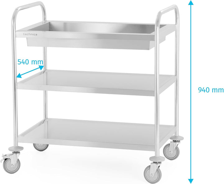 TECHNICA Servierwagen Edelstahl 3 Etagen mit Rollen & Bremse Rundgriff - Tiefe Regale 860x540x940mm