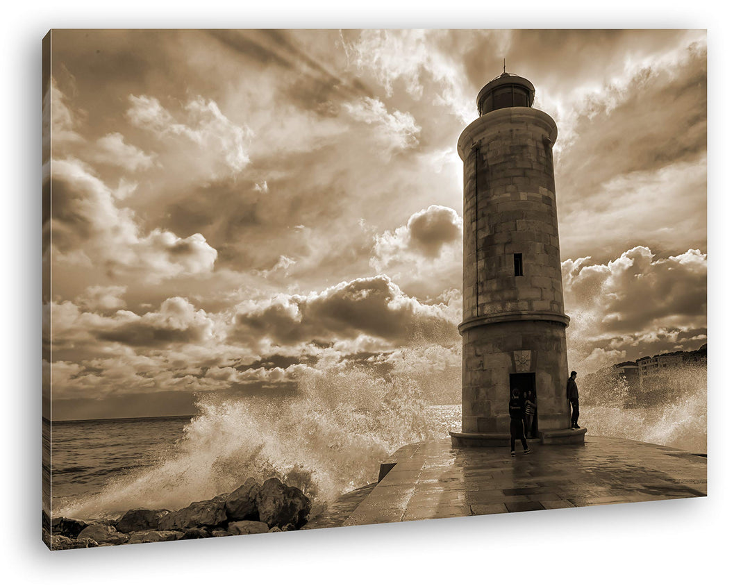 deyoli Leuchtturm in der Brandung Format: 100x70 Effekt: Sepia als Leinwand, Motiv fertig gerahmt au