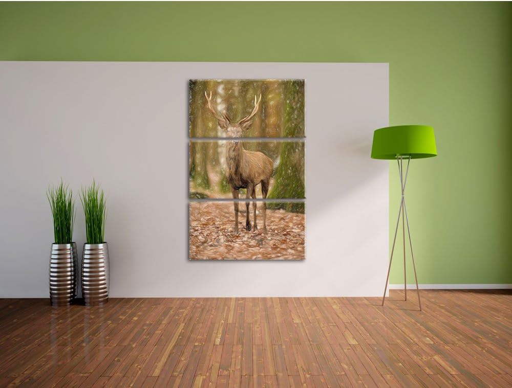 Pixxprint Schöner Hirsch im Wald Bunstift Effekt 3-Teiler Leinwandbild 120x80 Bild auf Leinwand