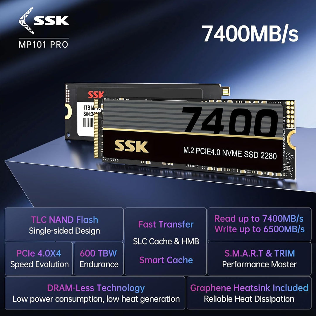 SSK M.2 NVMe SSD 1 TB PCIe Gen 4.0 x 4 M.2 SSD bis zu 7400 MB/s, Interne SSD für Gaming und Programm