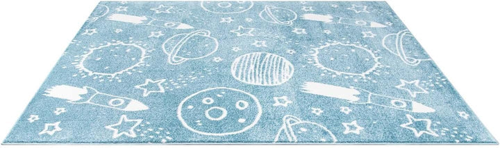 carpet city Teppich Kinderzimmer Weltall - Blau - 140x200 cm - Kinderteppich Kurzflor mit Sternen, R