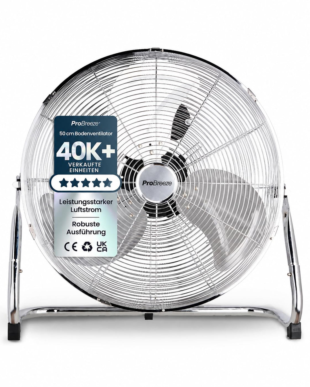 Pro Breeze 50 cm Bodenventilator aus Chrom, Ventilator mit 3 Geschwindigkeitsstufen und verstellbare