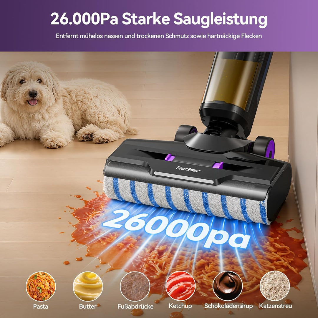Redkey W15 Nass Trockensauger Akku, Selbstreinigung und Wischfunktion, 3 Reinigungsmodi, Kantenreini
