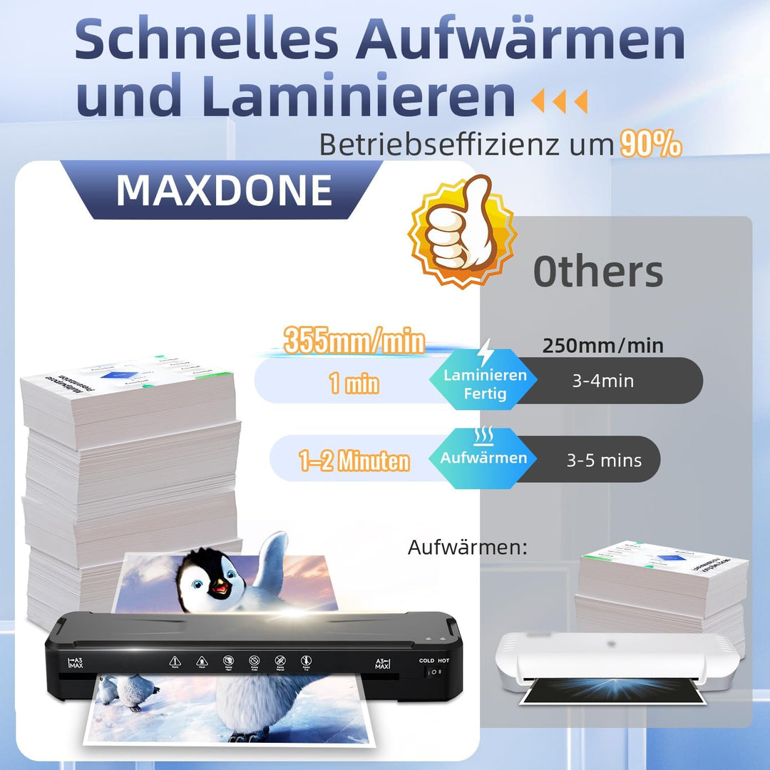 MAXDONE Laminiergerät A3, Laminiergerät, 2-Walzen System mit Papierschneider & Eckrunde, Heiss und K