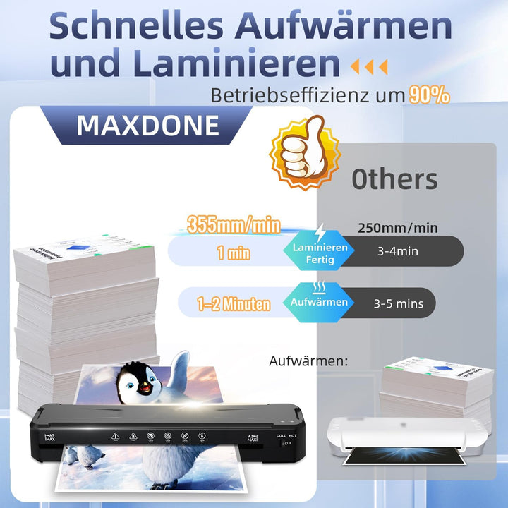 MAXDONE Laminiergerät A3, Laminiergerät, 2-Walzen System mit Papierschneider & Eckrunde, Heiss und K