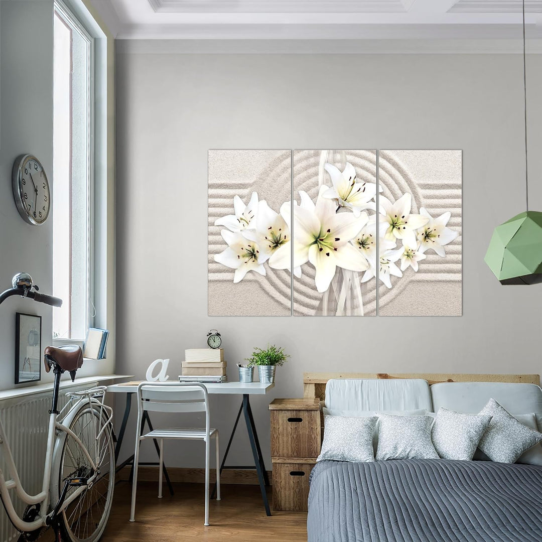 Runa Art Wandbilder Blumen Lilien Bild XXL Wohnzimmer Schlafzimmer Weiss Beige Sand 120 x 80 cm 3 Te