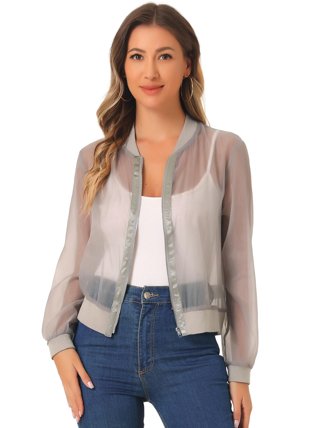 Allegra K Damen Sommer Jacke Langarm Reissverschluss Durchsichtige Transparente Leichte Bomberjacke