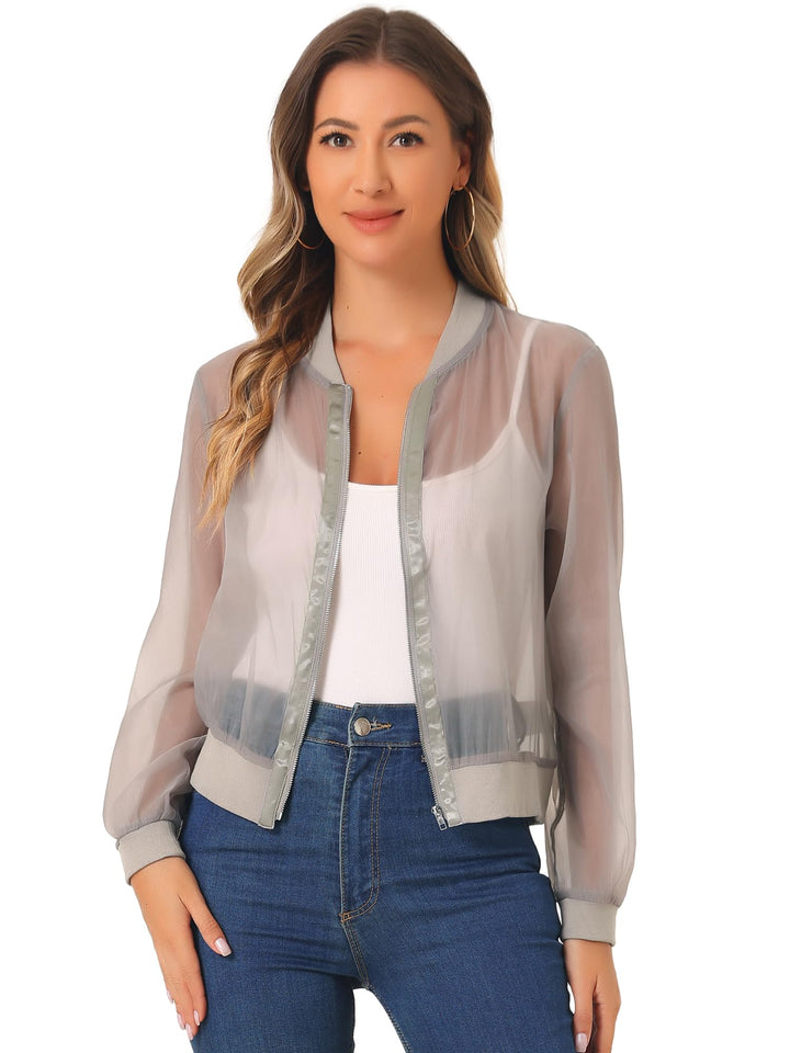 Allegra K Damen Sommer Jacke Langarm Reissverschluss Durchsichtige Transparente Leichte Bomberjacke
