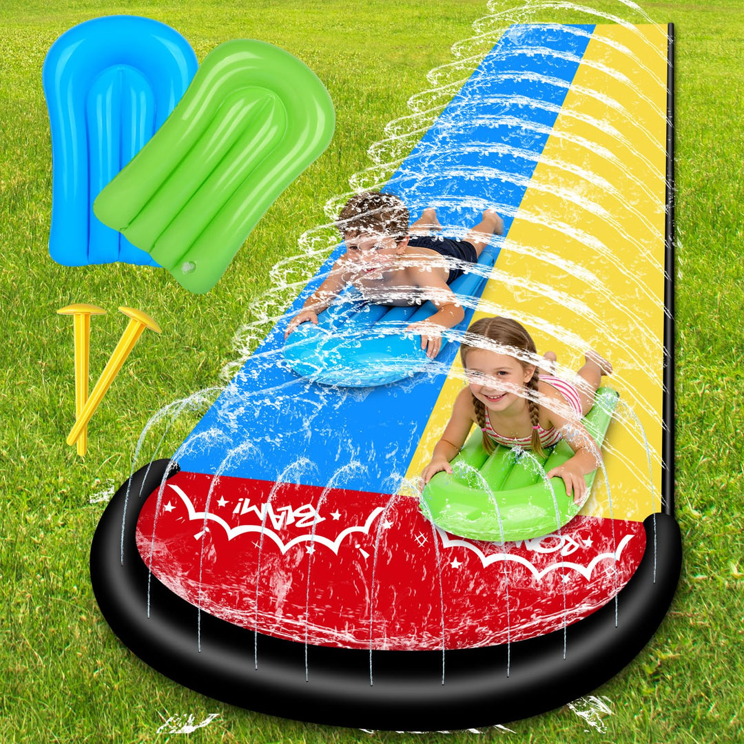 Wasserrutsche Garten für Kinder, 15.8ft/480cm Wasserrutschmatte mit 2 Bodyboards, Aufblasbare Wasser