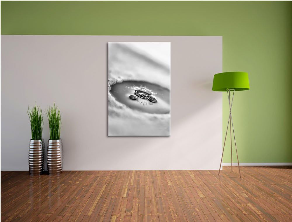 Pixxprint Wassertropfen fällt in Schaum / 100x70cm Leinwandbild bespannt auf Holzrahmen/Wandbild Kun