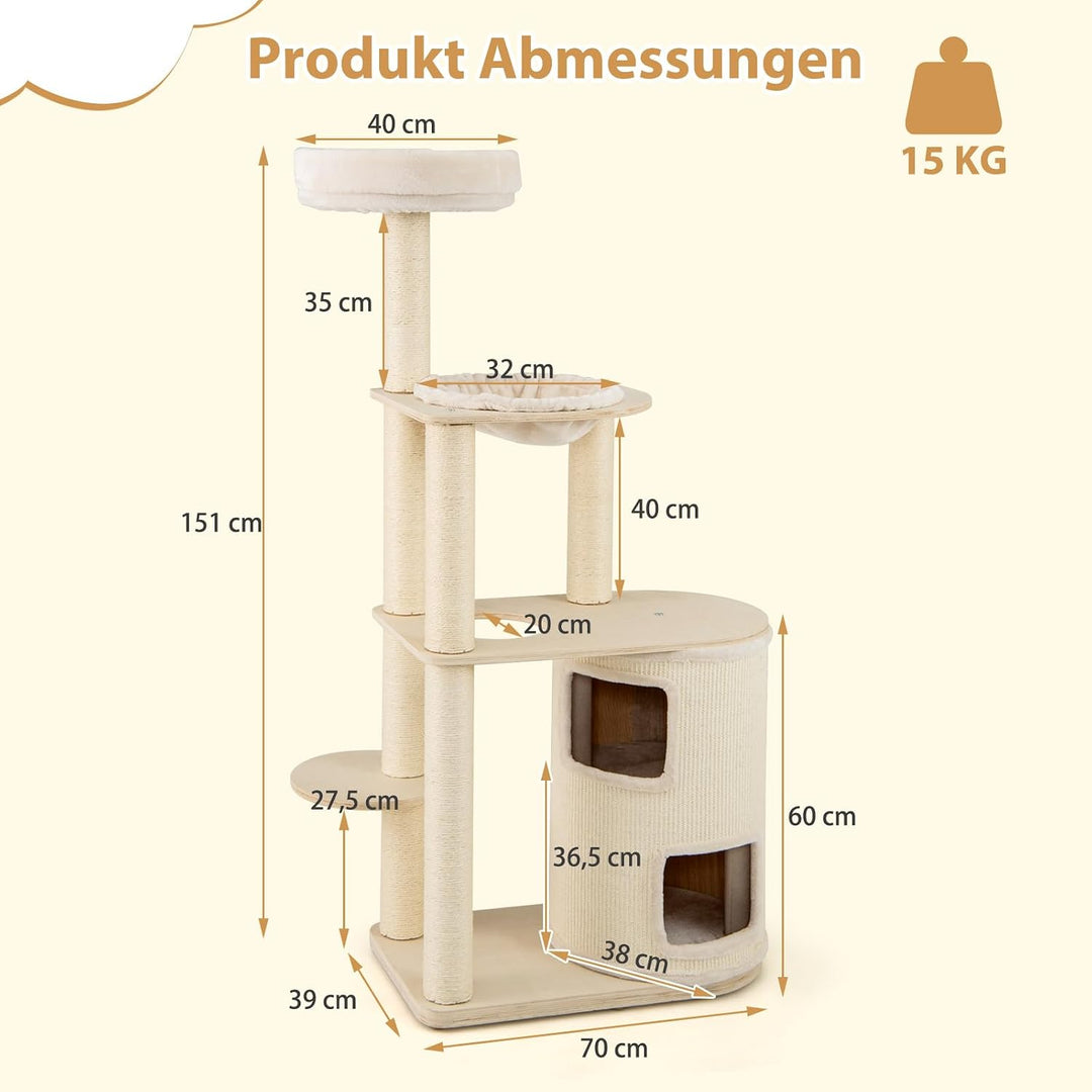 COSTWAY 151cm Kratzbaum Holz, Katzenbaum Gross, Katzenkratzbaum mit 2-stöckigem Katzenhöhle &amp; Hängem