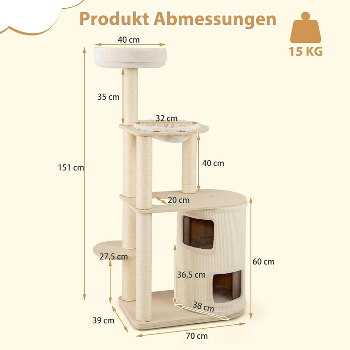 COSTWAY 151cm Kratzbaum Holz, Katzenbaum Gross, Katzenkratzbaum mit 2-stöckigem Katzenhöhle &amp; Hängem