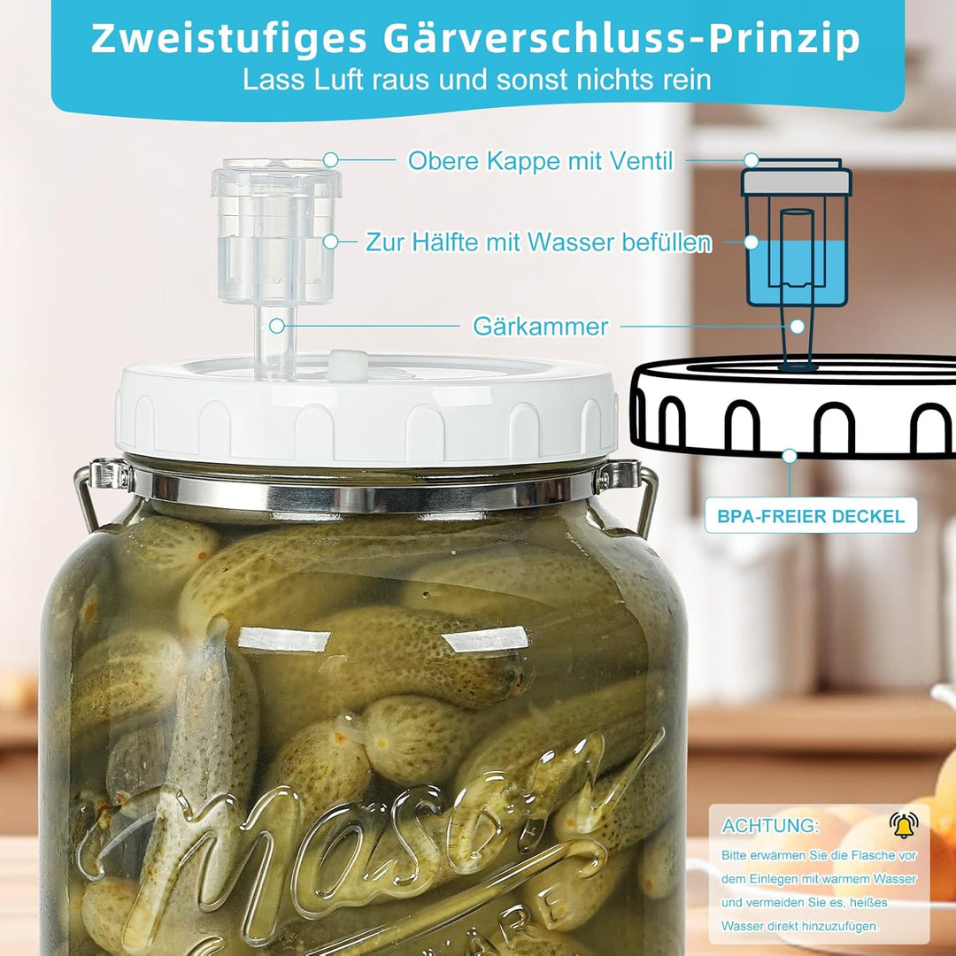 Grosse Fermentiergläser mit Luftschleuse 5,5 L - Fermentierglas Mason Jar Gläser Gärglas für Kombuch