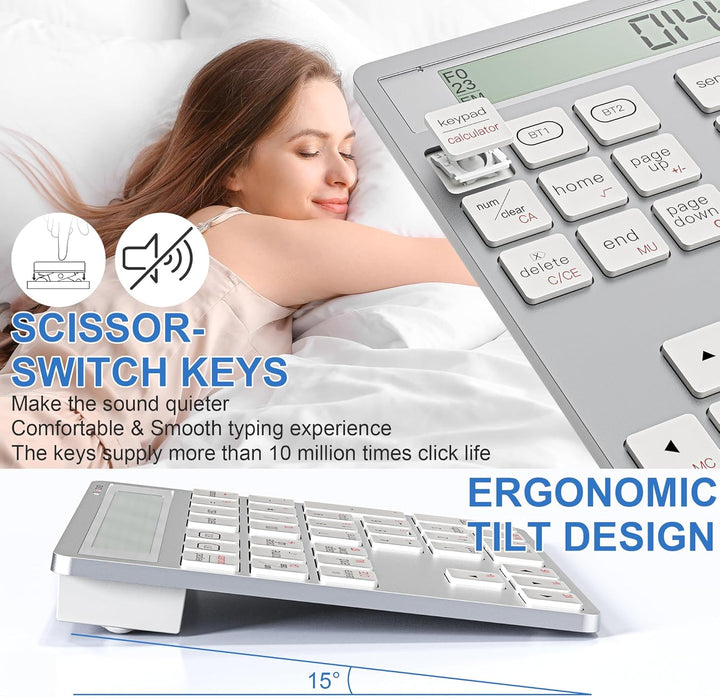 Wiederaufladbares 2-in-1 Ziffernfeld mit Bluetooth & USB, 34 Tasten mit Rechner-Display, schlank & p